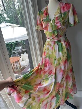VINTAGE 2 PIECE Set JONES WEAR Floral Ruffle Blouse Midi Skirt Pink White Medium